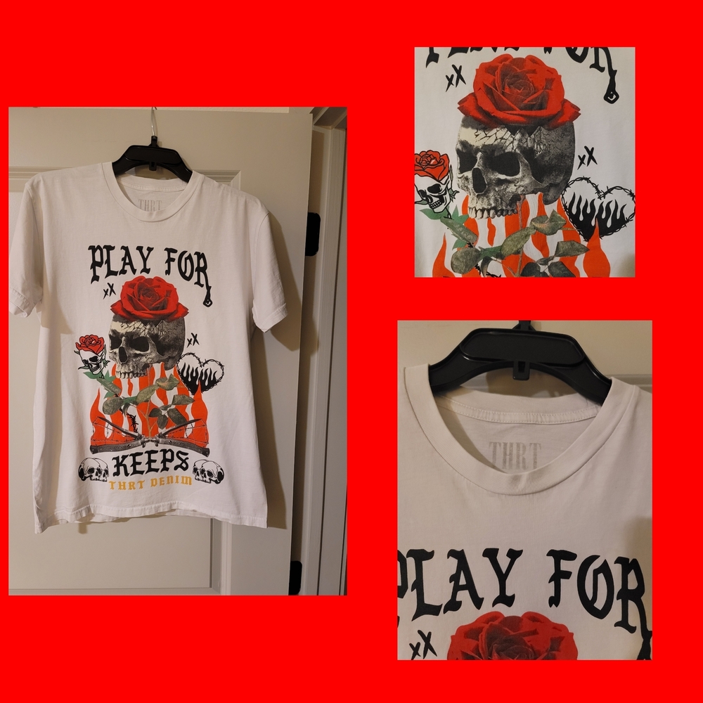 White Short-Sleeve Graphic Tee with Red Rose & Skull -